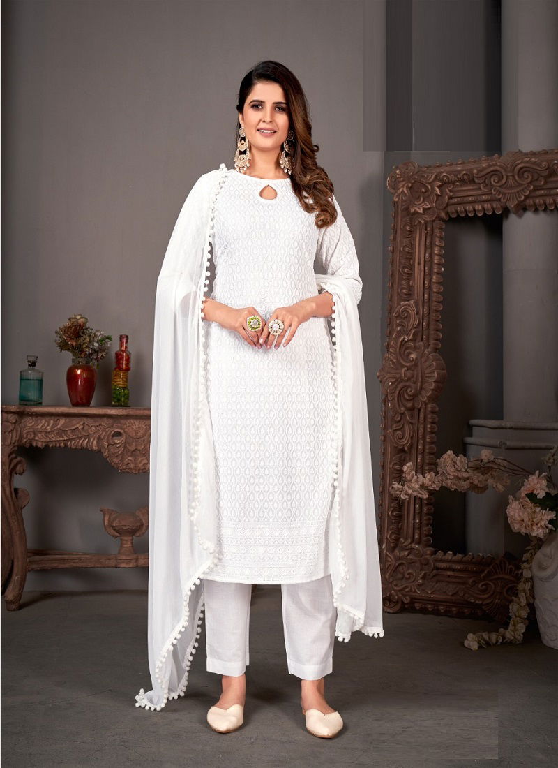 Poonam White Ethnic Wear Wholesale Designer Readymade Suit Catalog
